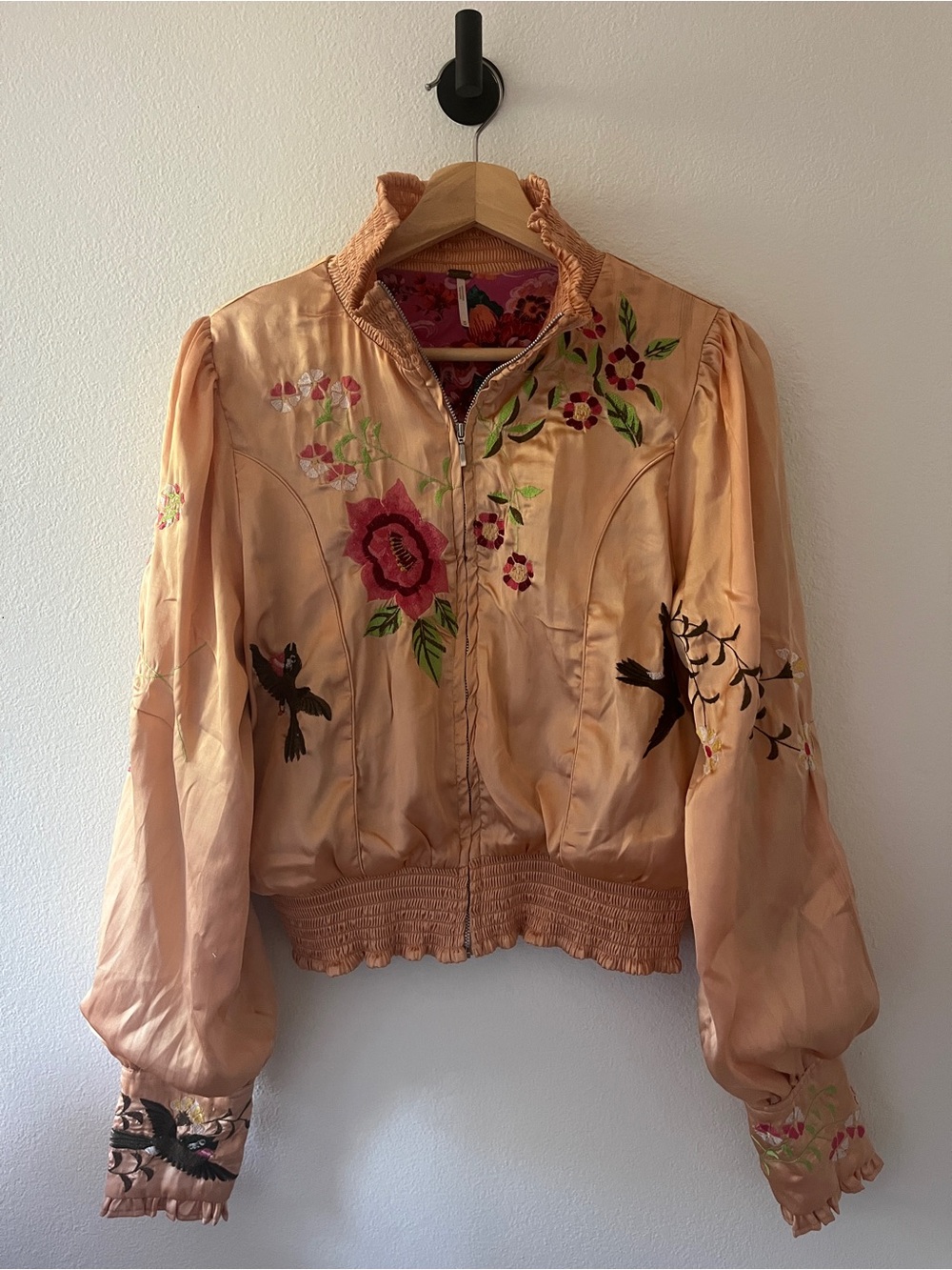 Free People Peach Satin Embroidered Bomber Jacket - Picture 4 of 4
